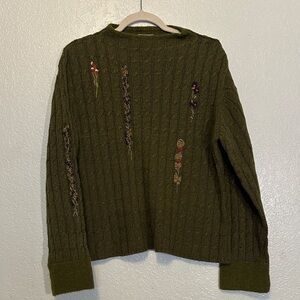 I.V.Y Wool Mix Green Floral Embroidered Mock Neck Sweater XL